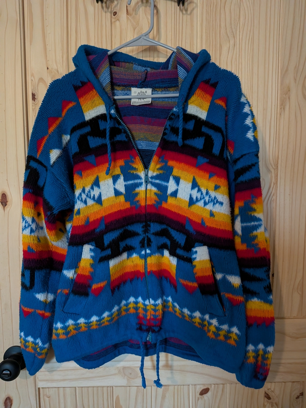 Handmade Aztec Zip-Up Hooded Sweater Jacket - Blue Multicolor